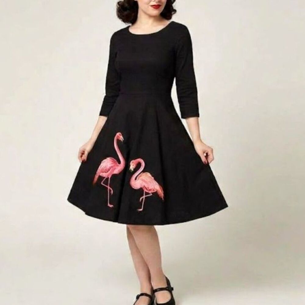 NWT Black Pink Flamingo Embroidered Fit Flare Dress XL Rockabilly Retro Whimsy